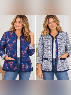 NorthStyle Reversible Quilted Cotton Jacket Blue Paisley Floral L